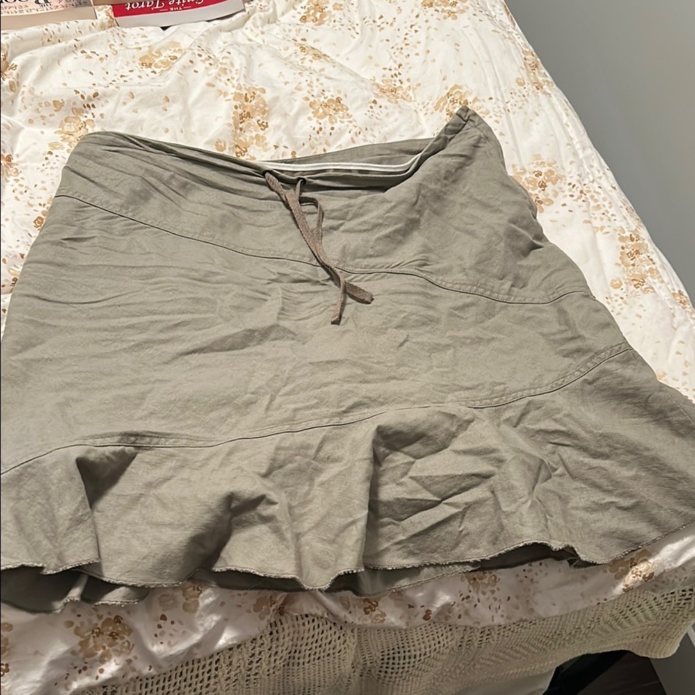 Casual Khaki Skirt with Drawstring; Linen blend